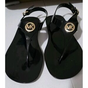 Michael Kors Lillie Jelly Thong Sandals Black With Gold Logo Size 8
